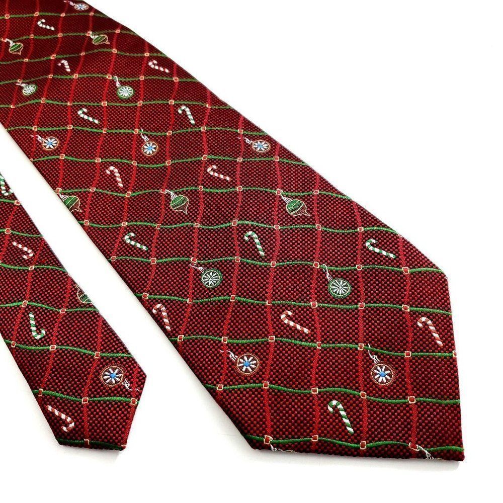 Hallmark Holiday Traditions Christmas Woven Plaid Red Green Wide Silk Tie
